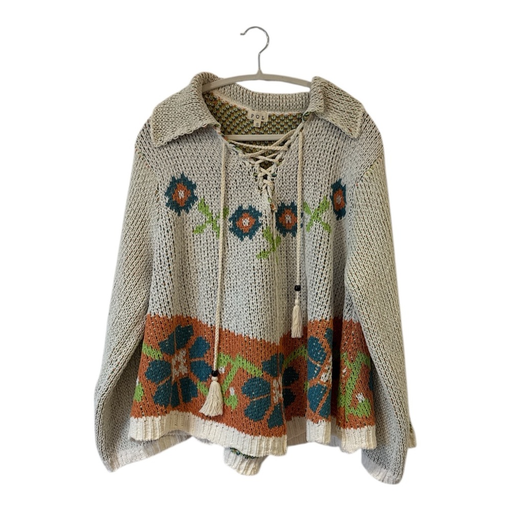 NWT POL. Floral Knit Lace-Up Sweater - Cream and Brown